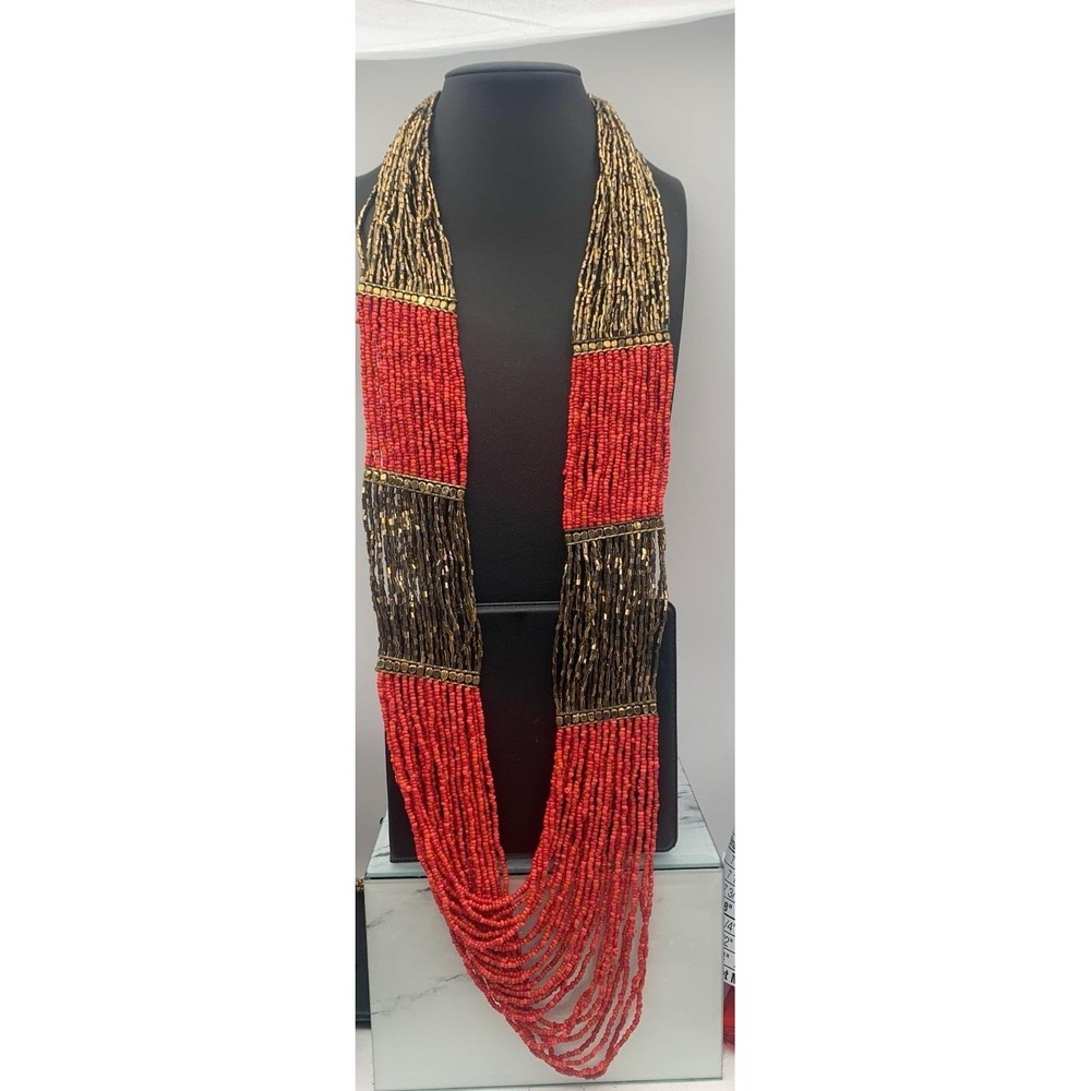 Vintage Long Multi Strand Coral Seed Bead And Gold Tone Tube Bead Necklace 34"